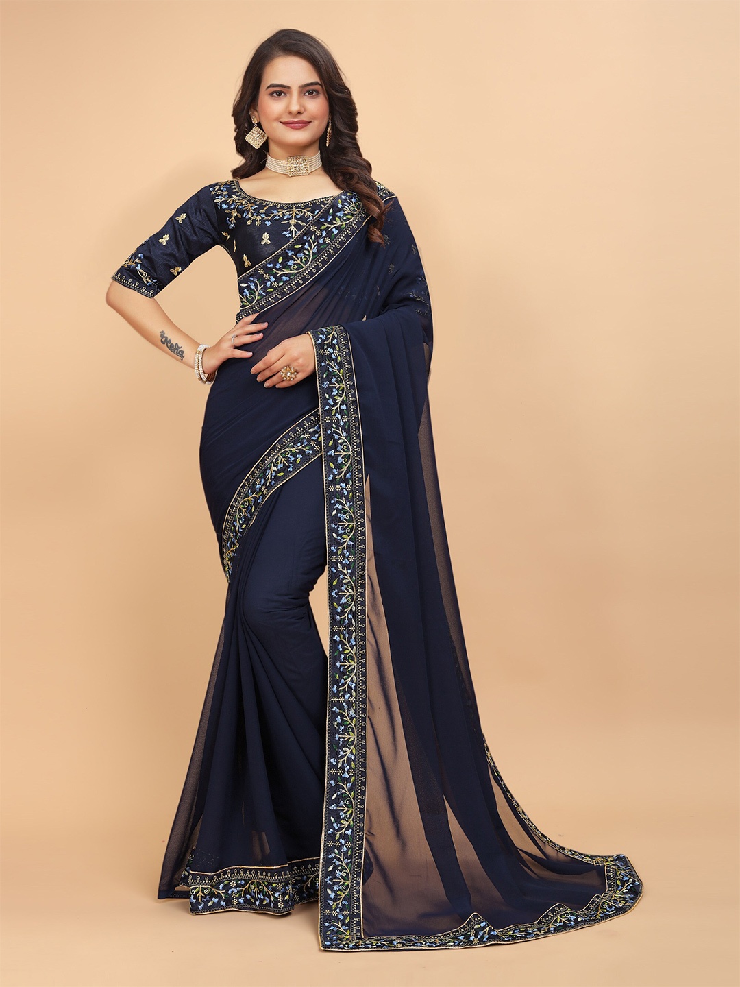 

DRIZOMIZ Embroidered Maheshwari Saree, Blue