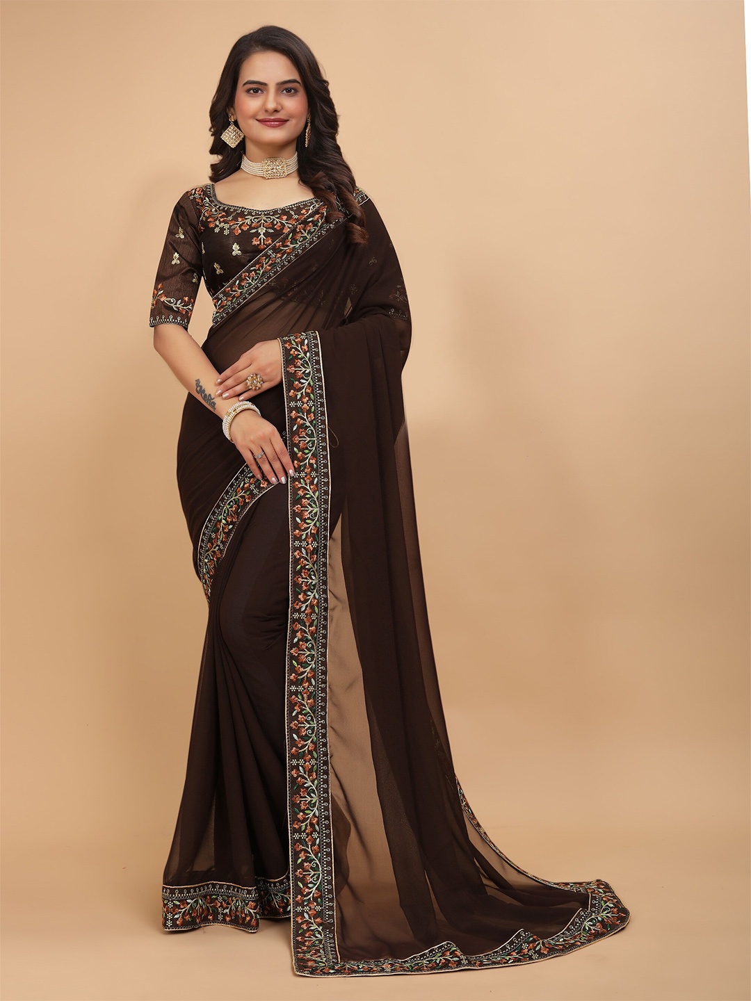 

DRIZOMIZ Embroidered Maheshwari Saree, Brown