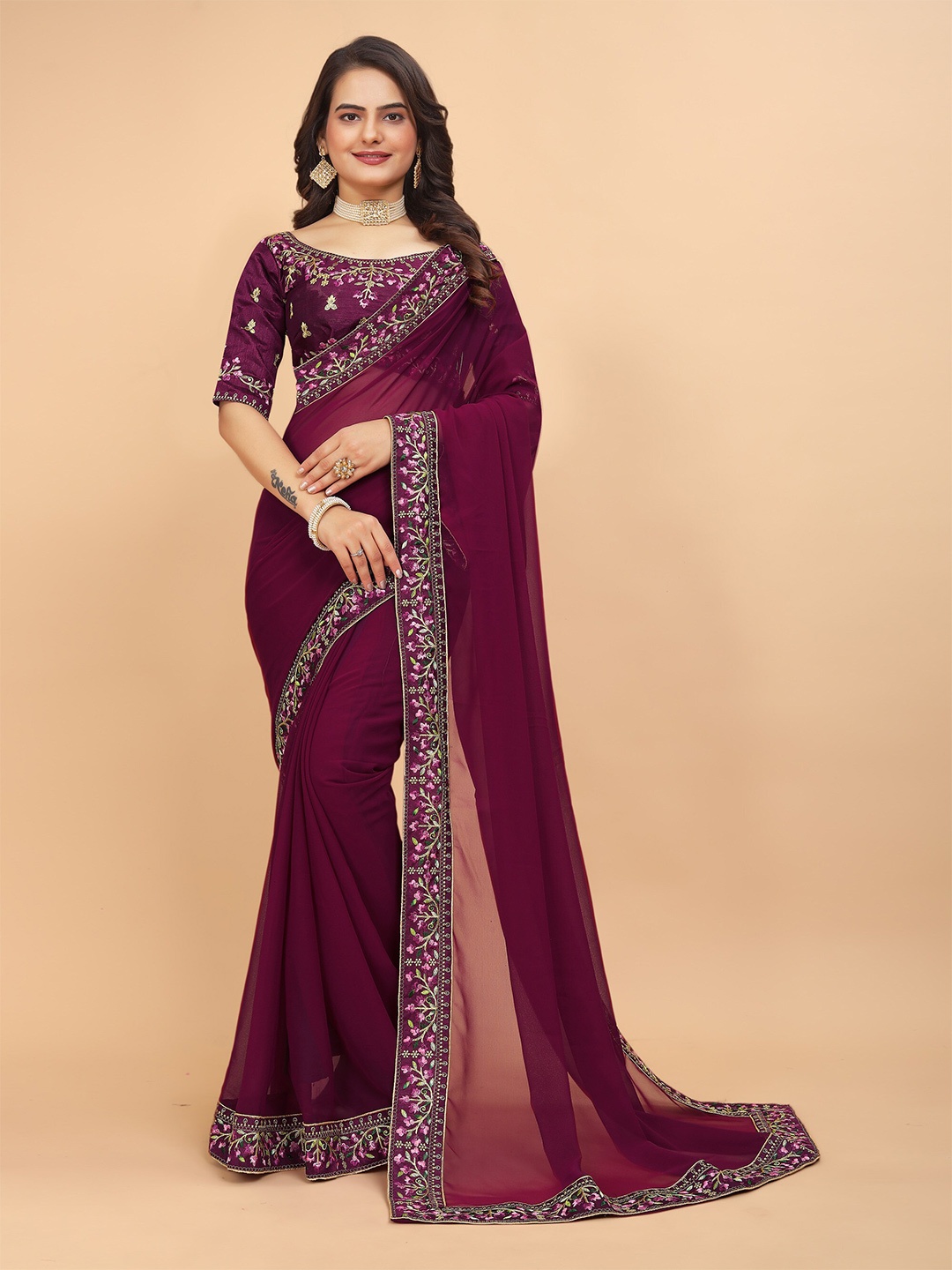 

DRIZOMIZ Embroidered Maheshwari Saree, Purple