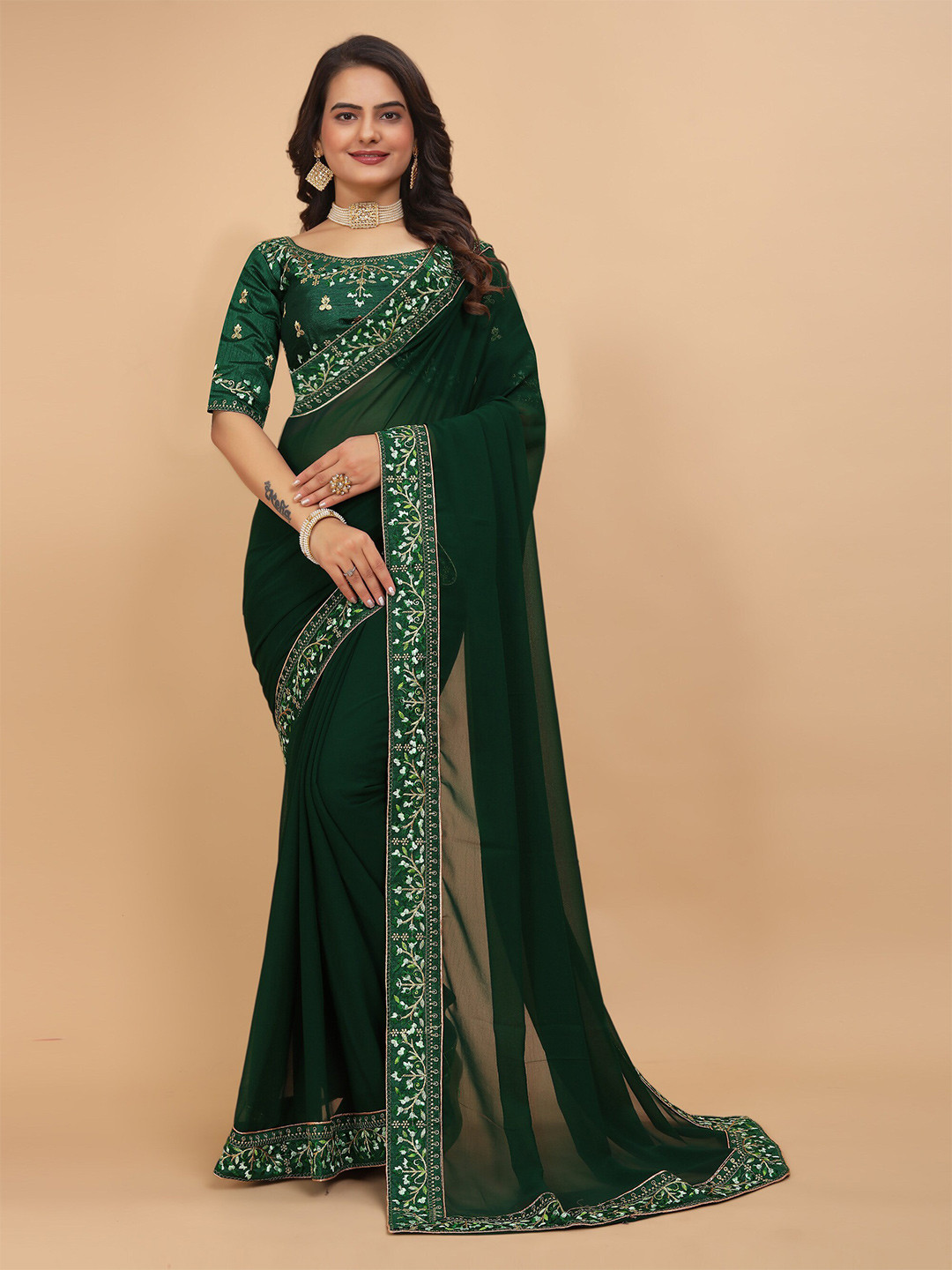

DRIZOMIZ Embroidered Maheshwari Saree, Green
