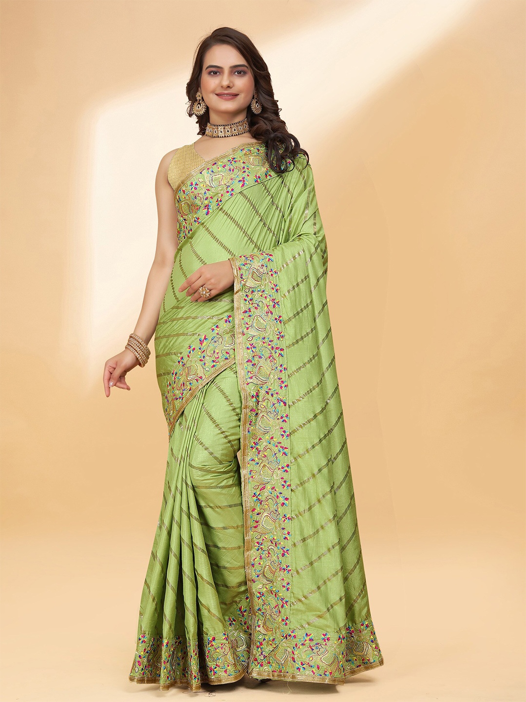 

DRIZOMIZ Striped Embroidered Silk Cotton Leheriya Saree, Green