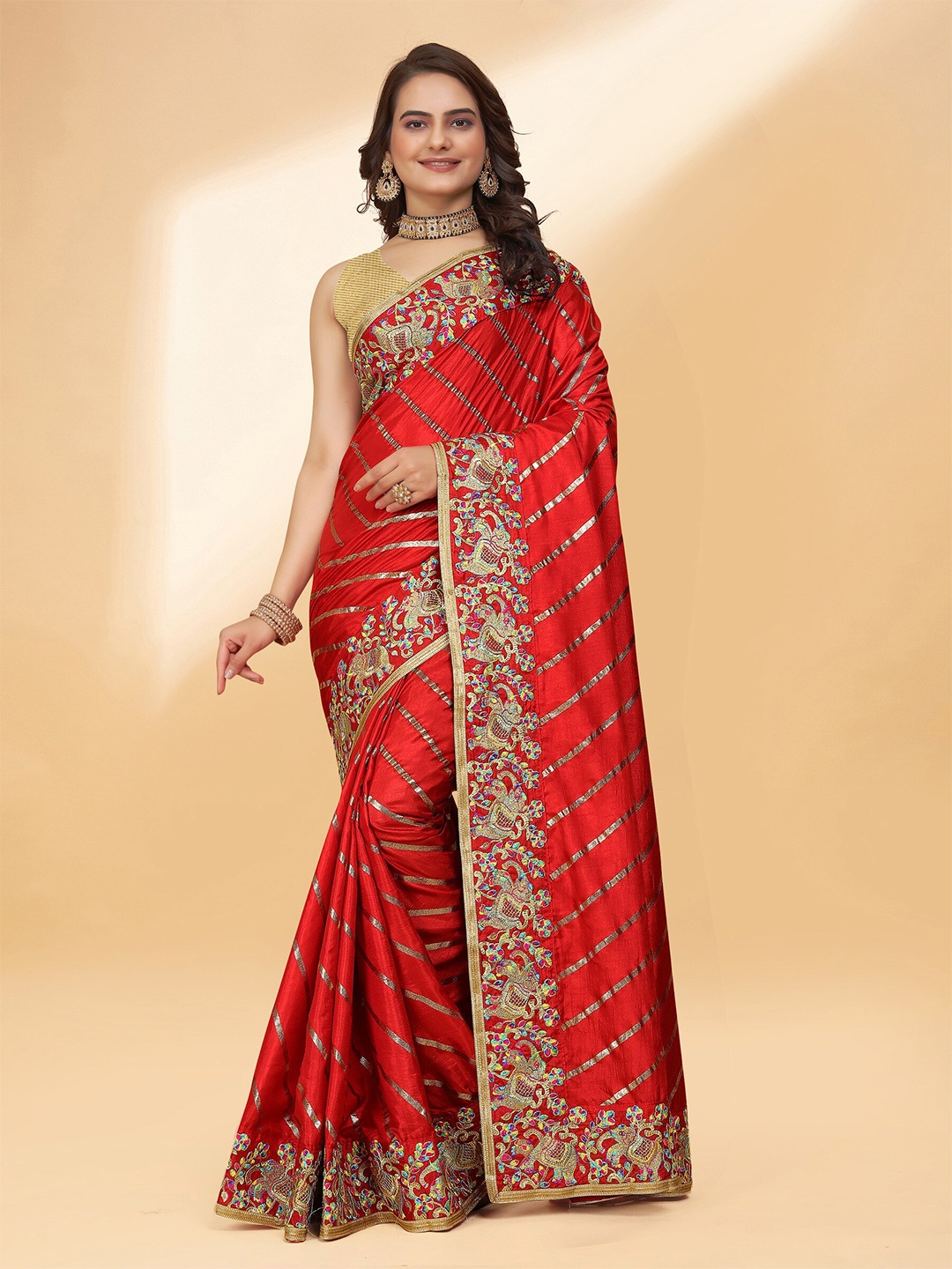 

DRIZOMIZ Striped Embroidered Silk Cotton Leheriya Saree, Red