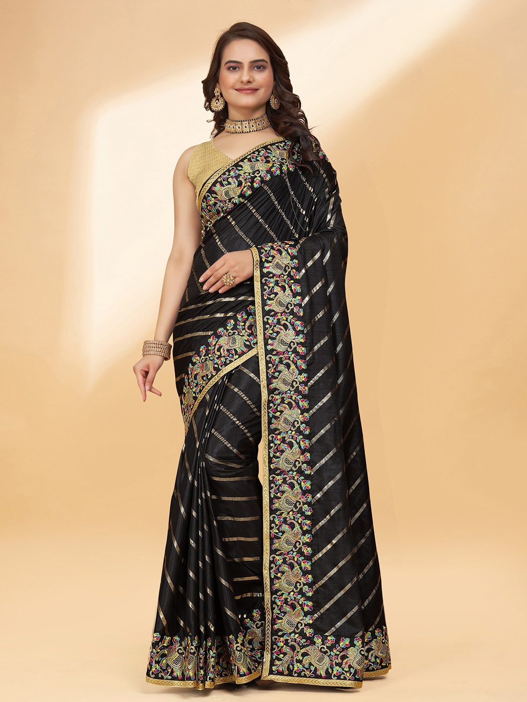 

DRIZOMIZ Striped Embroidered Silk Cotton Leheriya Saree, Black