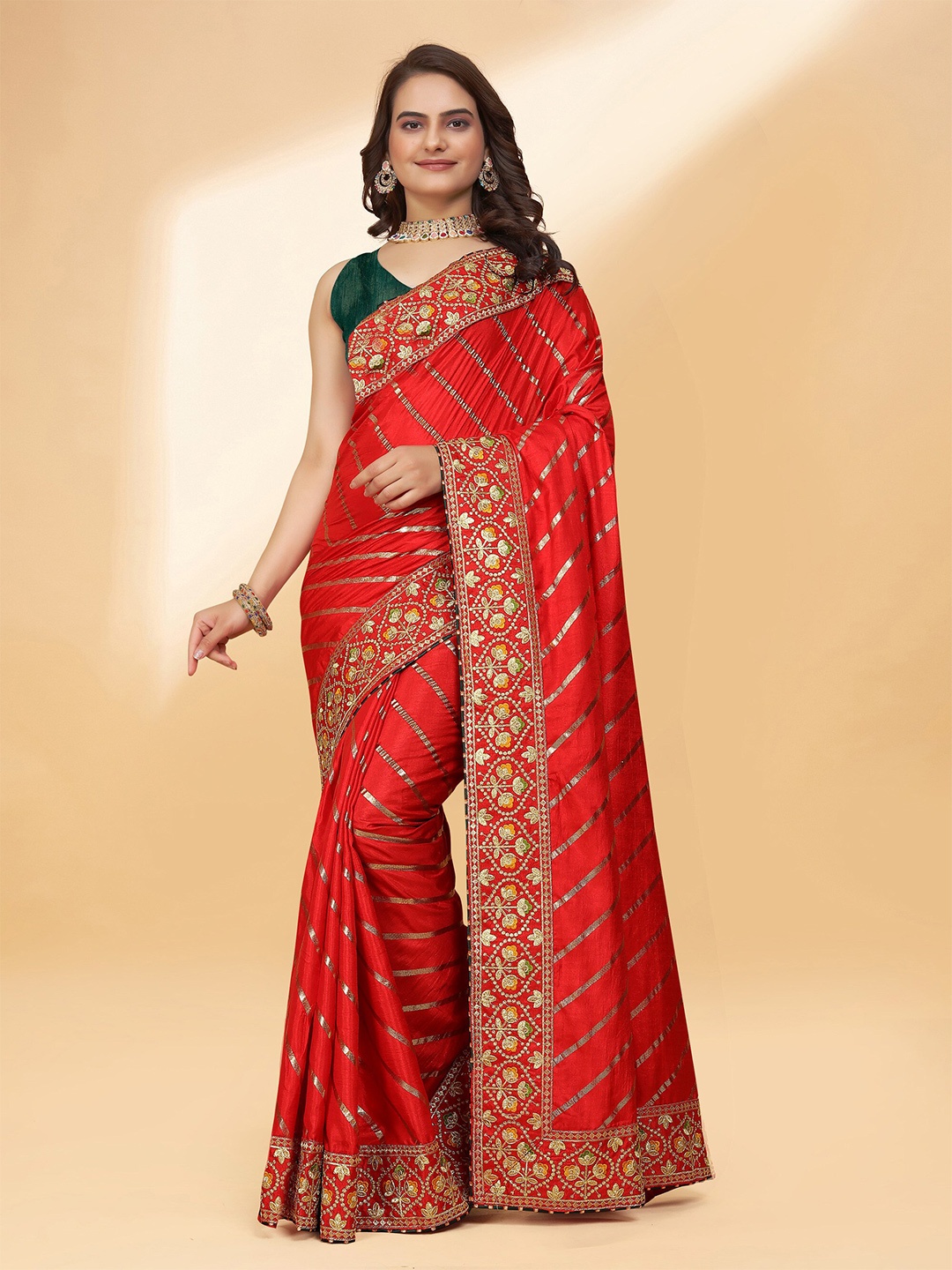 

DRIZOMIZ Striped Embroidered Silk Cotton Leheriya Saree, Red