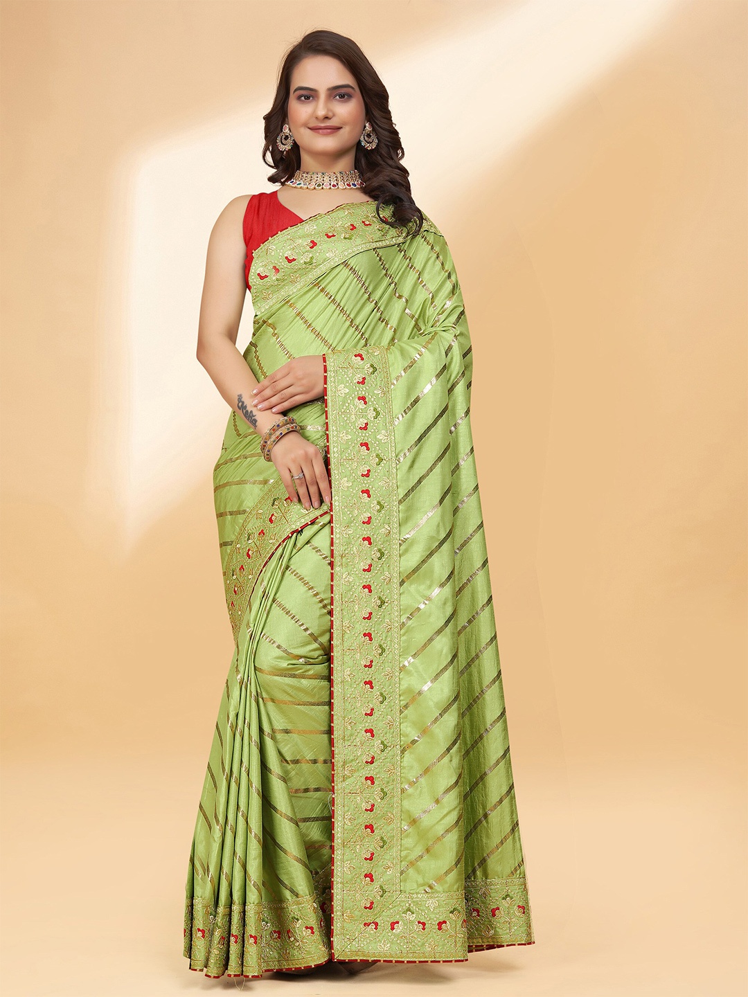 

DRIZOMIZ Striped Woven Design Embroidered Silk Cotton Leheriya Saree, Green