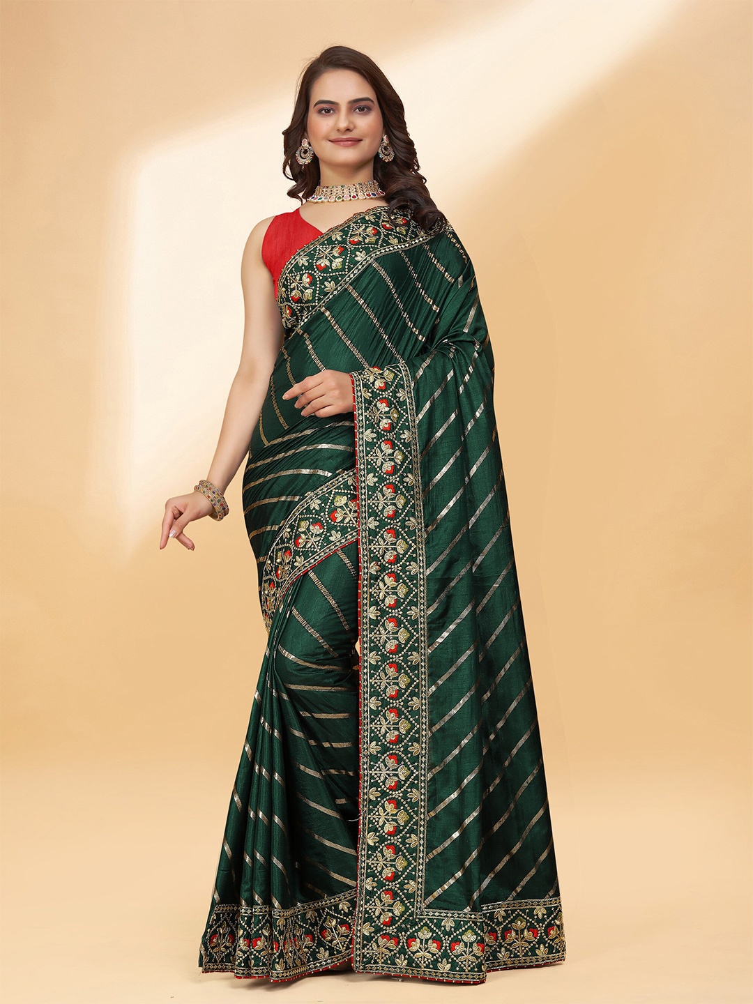 

DRIZOMIZ Striped Woven Design Embroidered Silk Cotton Leheriya Saree, Green