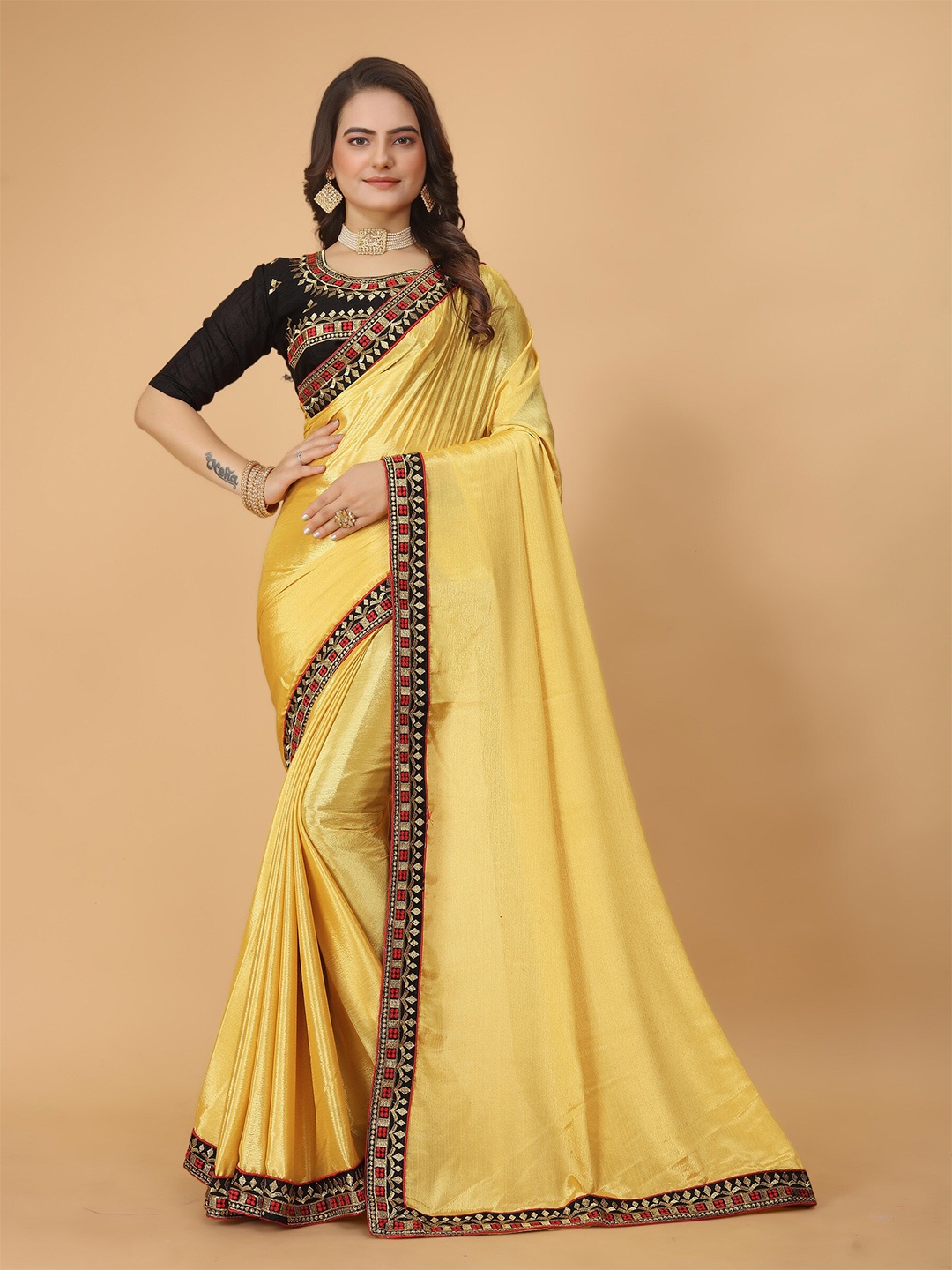 

DRIZOMIZ Embroidered Art Silk Kasavu Saree, Yellow