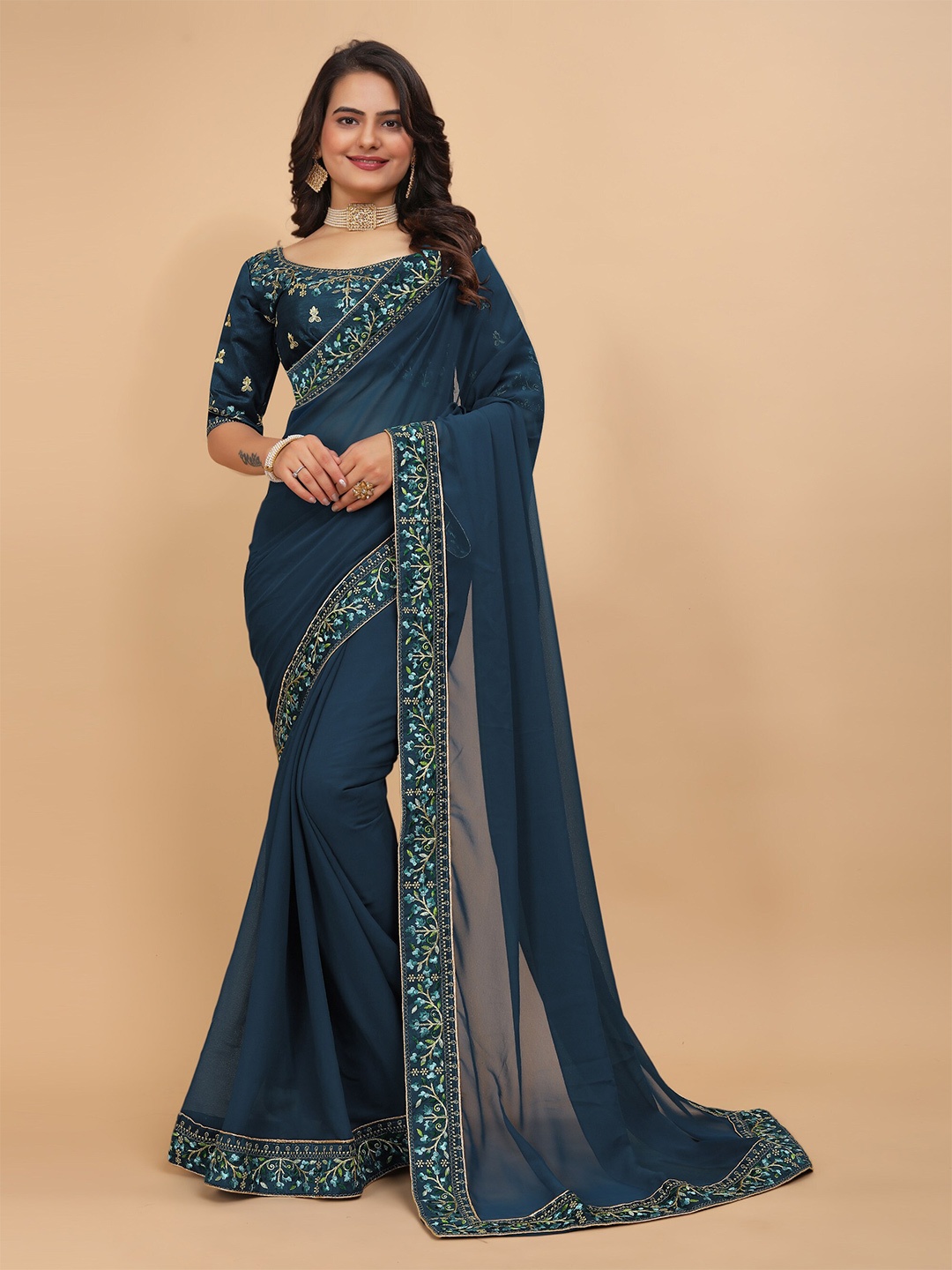 

DRIZOMIZ Embroidered Maheshwari Saree, Teal