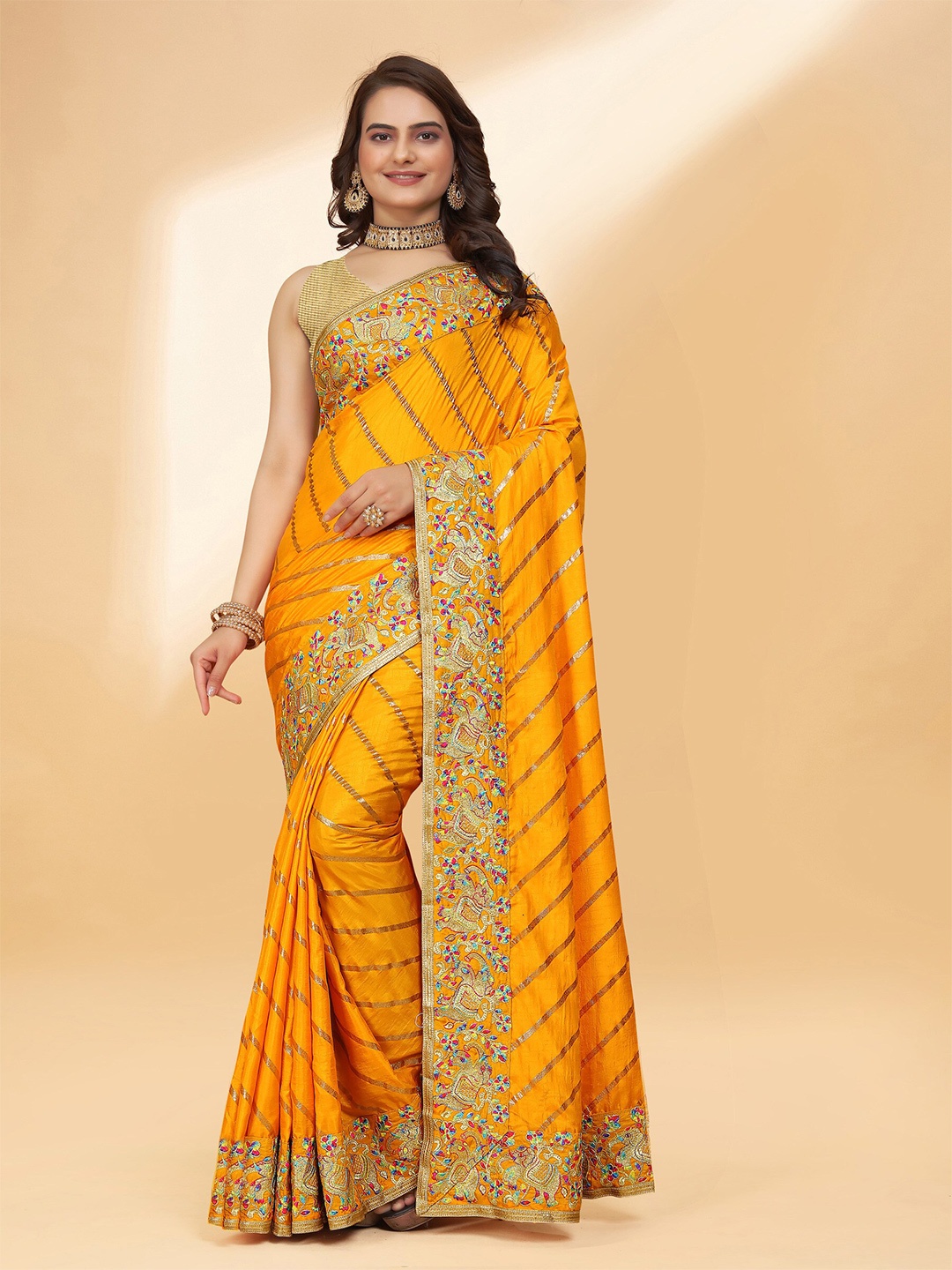 

DRIZOMIZ Leheriya Embroidered Silk Cotton Leheriya Saree, Yellow