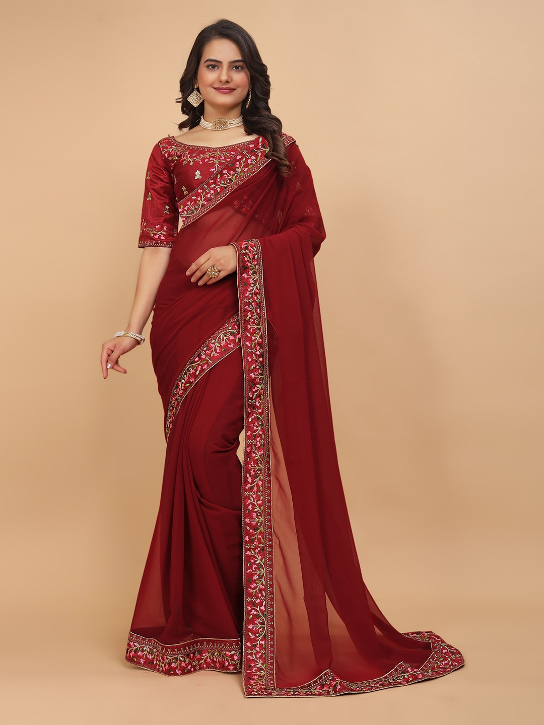 

DRIZOMIZ Floral Embroidered Maheshwari Saree, Maroon