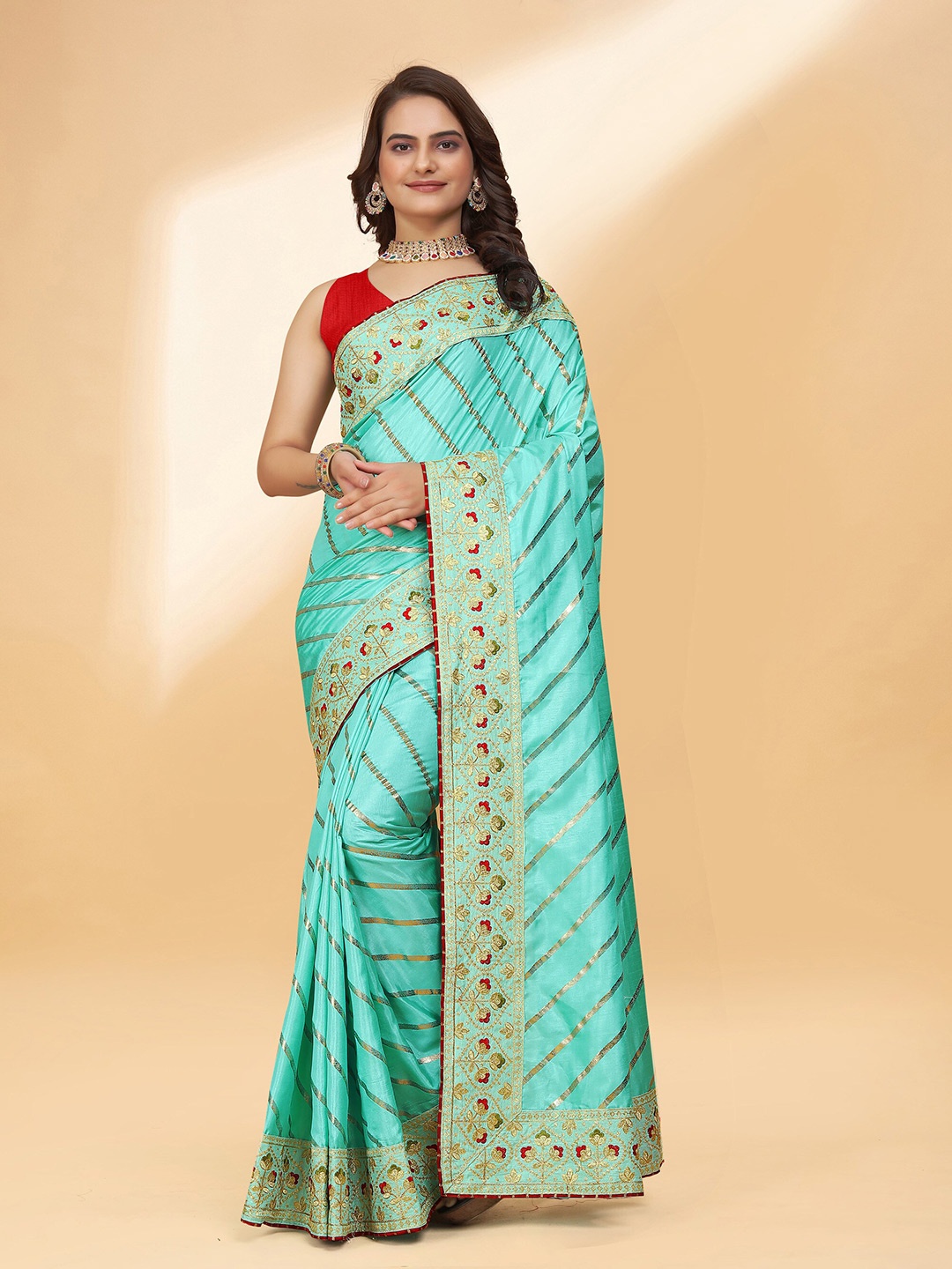 

DRIZOMIZ Striped Embroidered Silk Cotton Leheriya Saree, Sea green