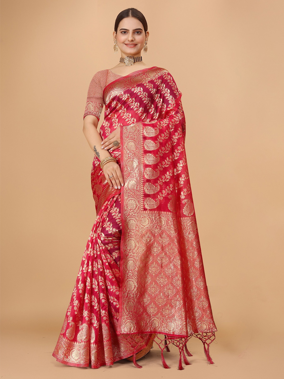 

DRIZOMIZ Ethnic Motifs Woven Design Zari Organza Saree, Pink