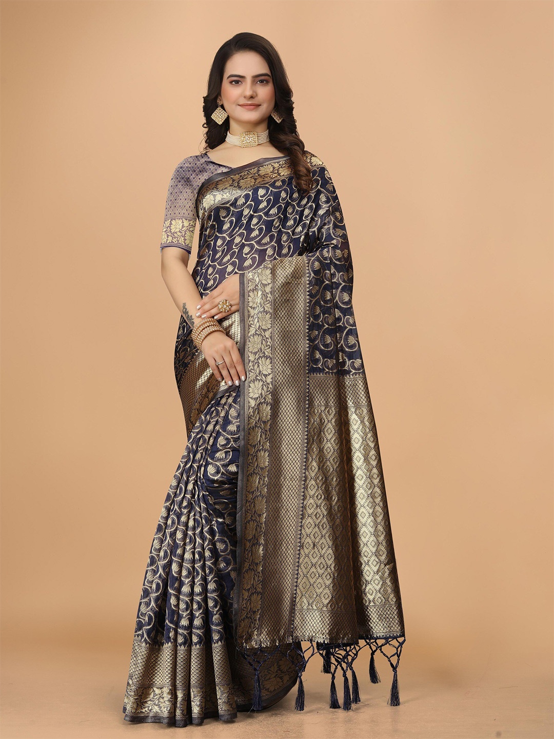 

DRIZOMIZ Floral Woven Design Zari Organza Saree, Navy blue