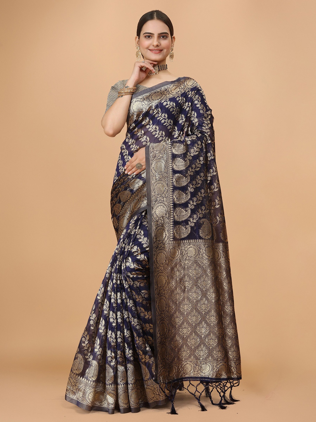 

DRIZOMIZ Woven Design Zari Organza Saree, Blue