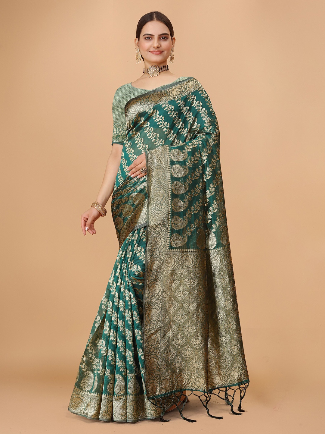 

DRIZOMIZ Floral Woven Design Zari Organza Saree, Teal