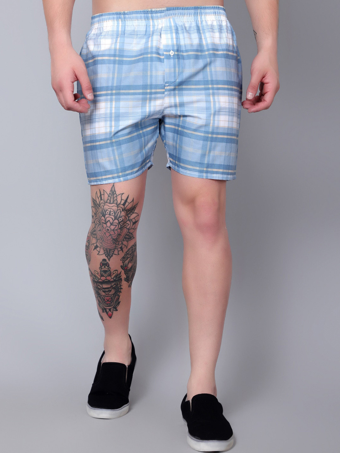 

FINIVO FASHION Checked Pure Cotton Breathable Boxer BOXER_2301_SKY BLUE_S, White