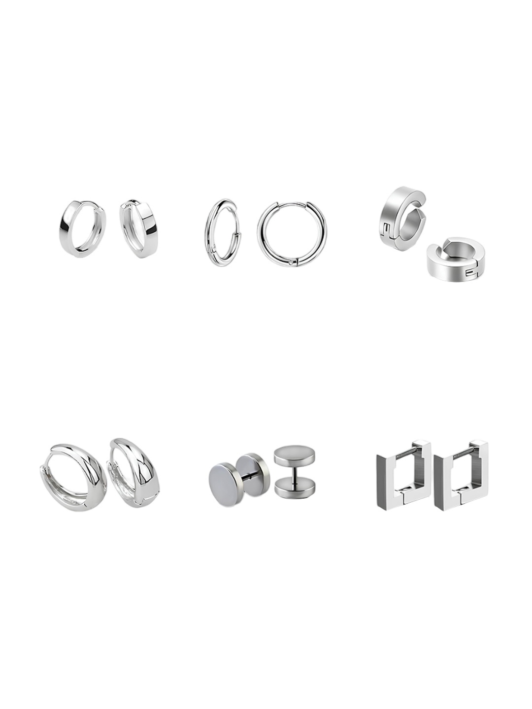 

KARISHMA KREATIONS Men Set of 6 Rhodium-Plated Geometric Hoop Earrings, Silver