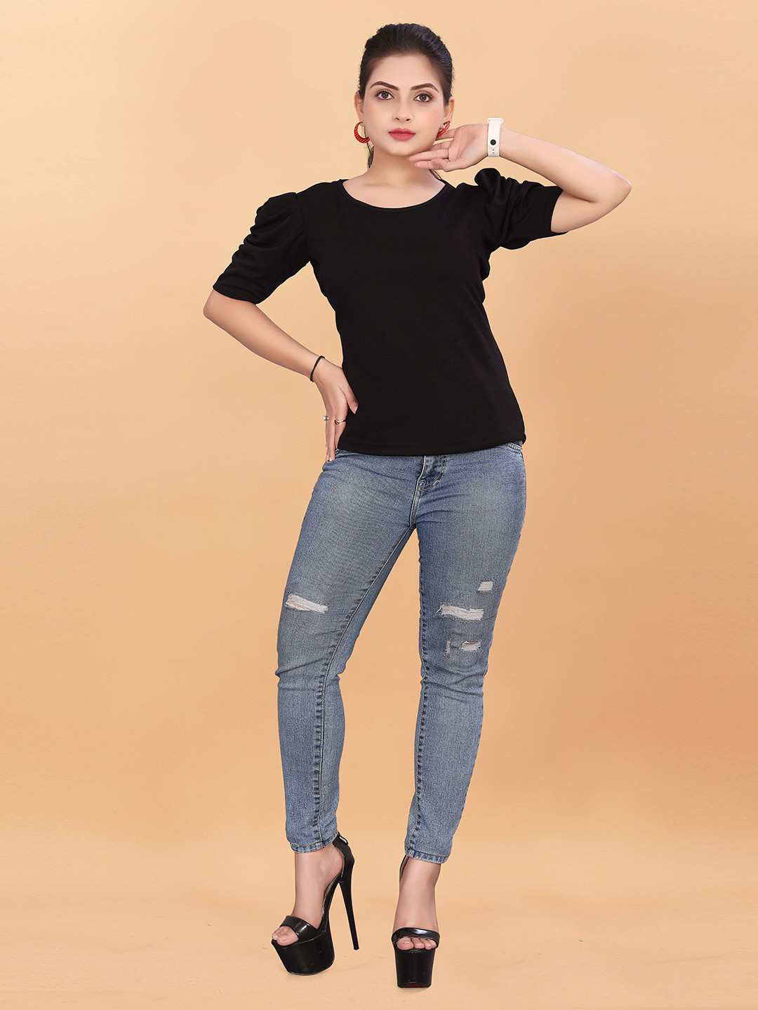 

BAESD Round Neck Short Puff Sleeves Top, Black
