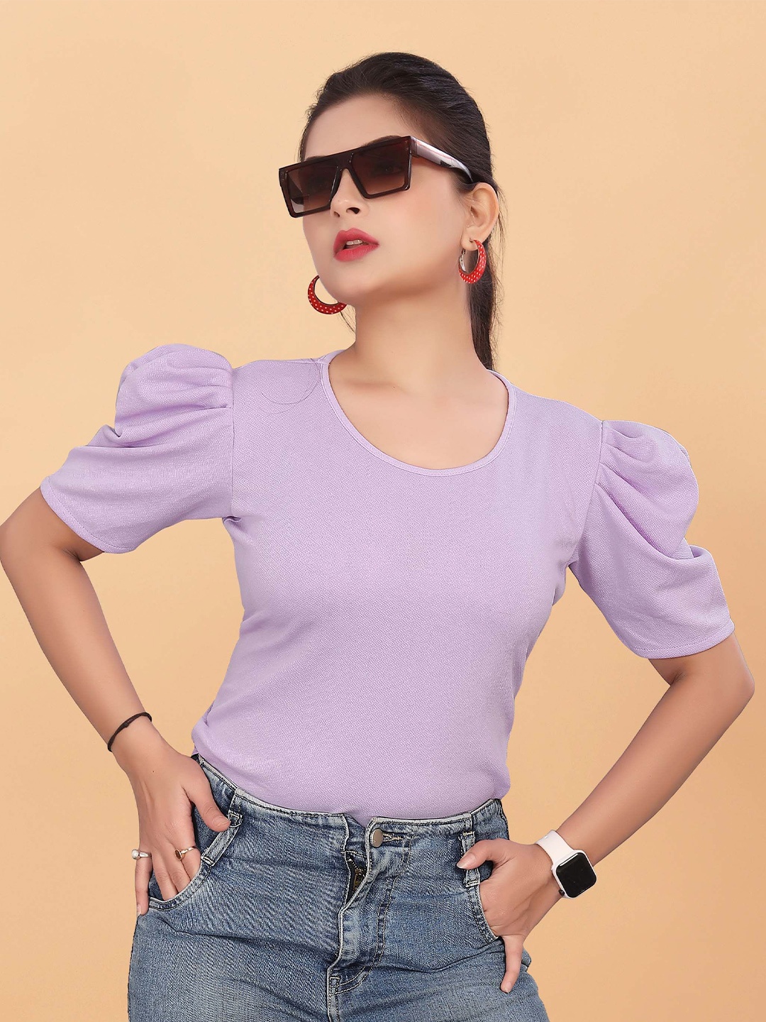 

BAESD Round Neck Puff Sleeves Regular Top, Purple