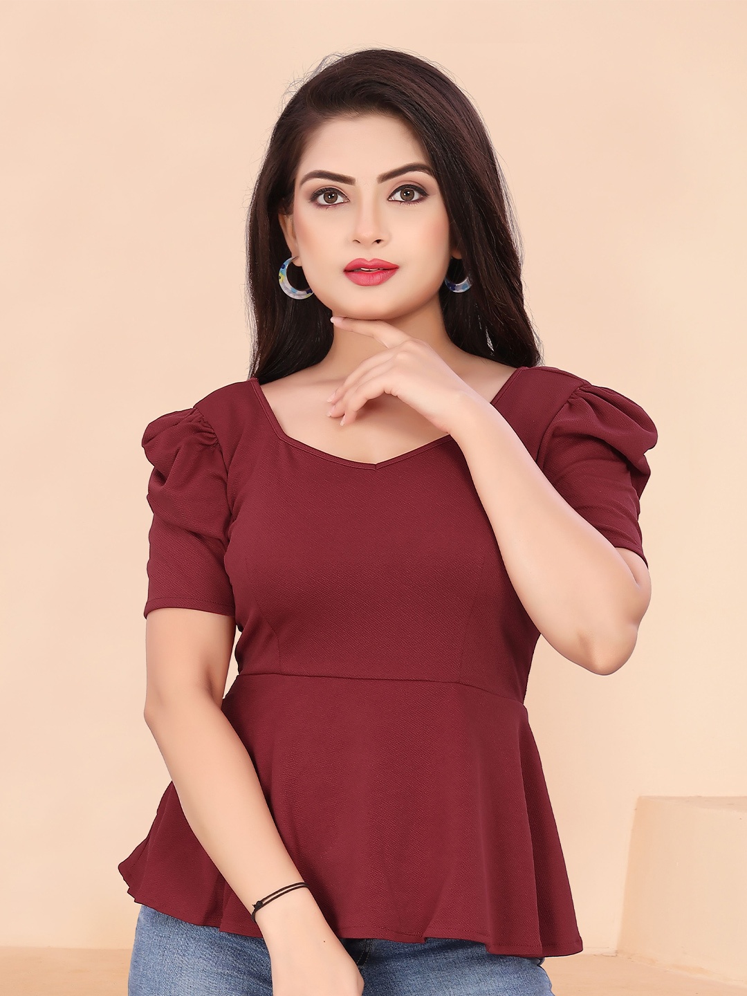 

BAESD Puff Sleeves Cotton Peplum Top, Maroon