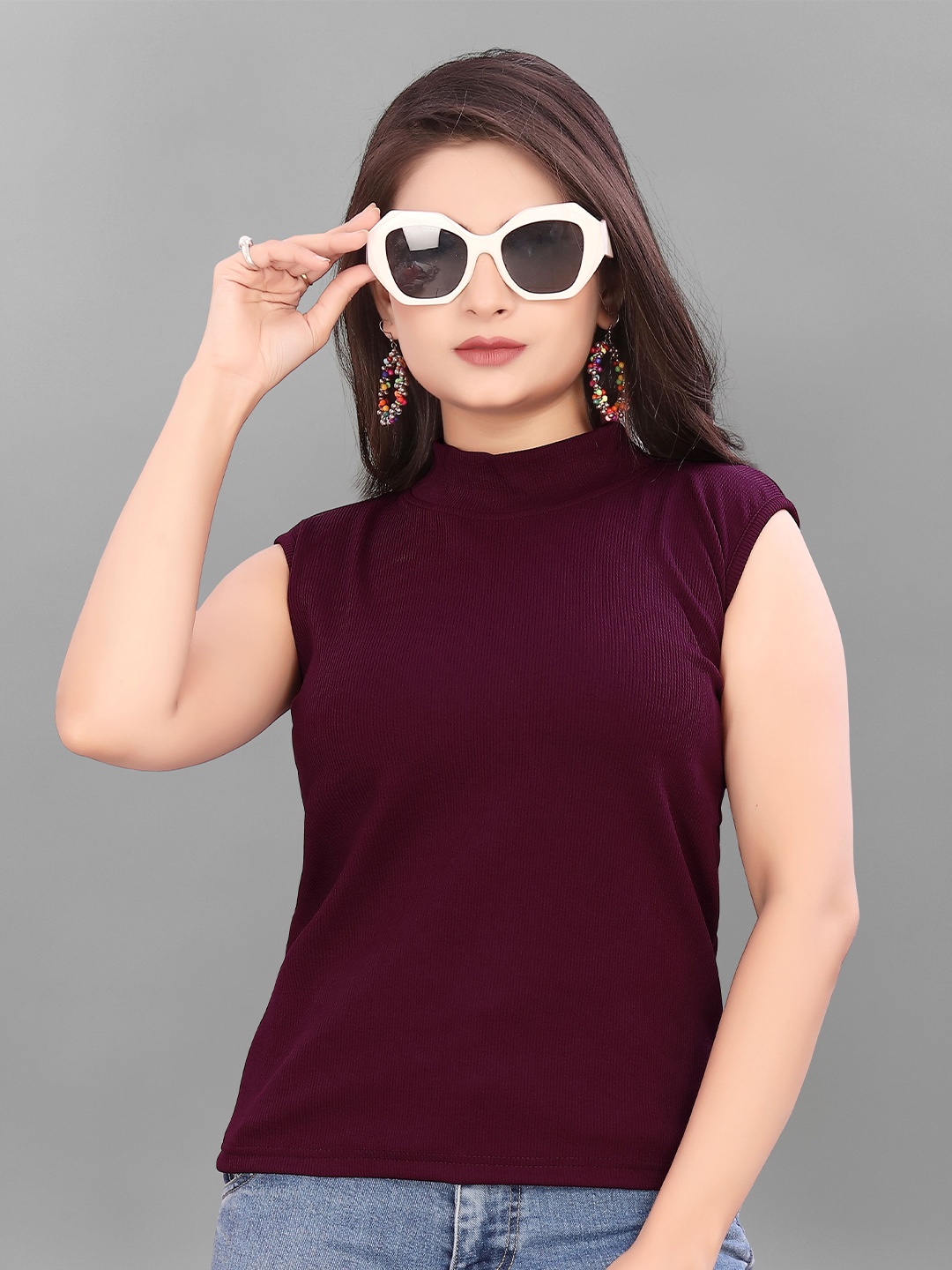 

BAESD Ribbed High Neck Top, Maroon