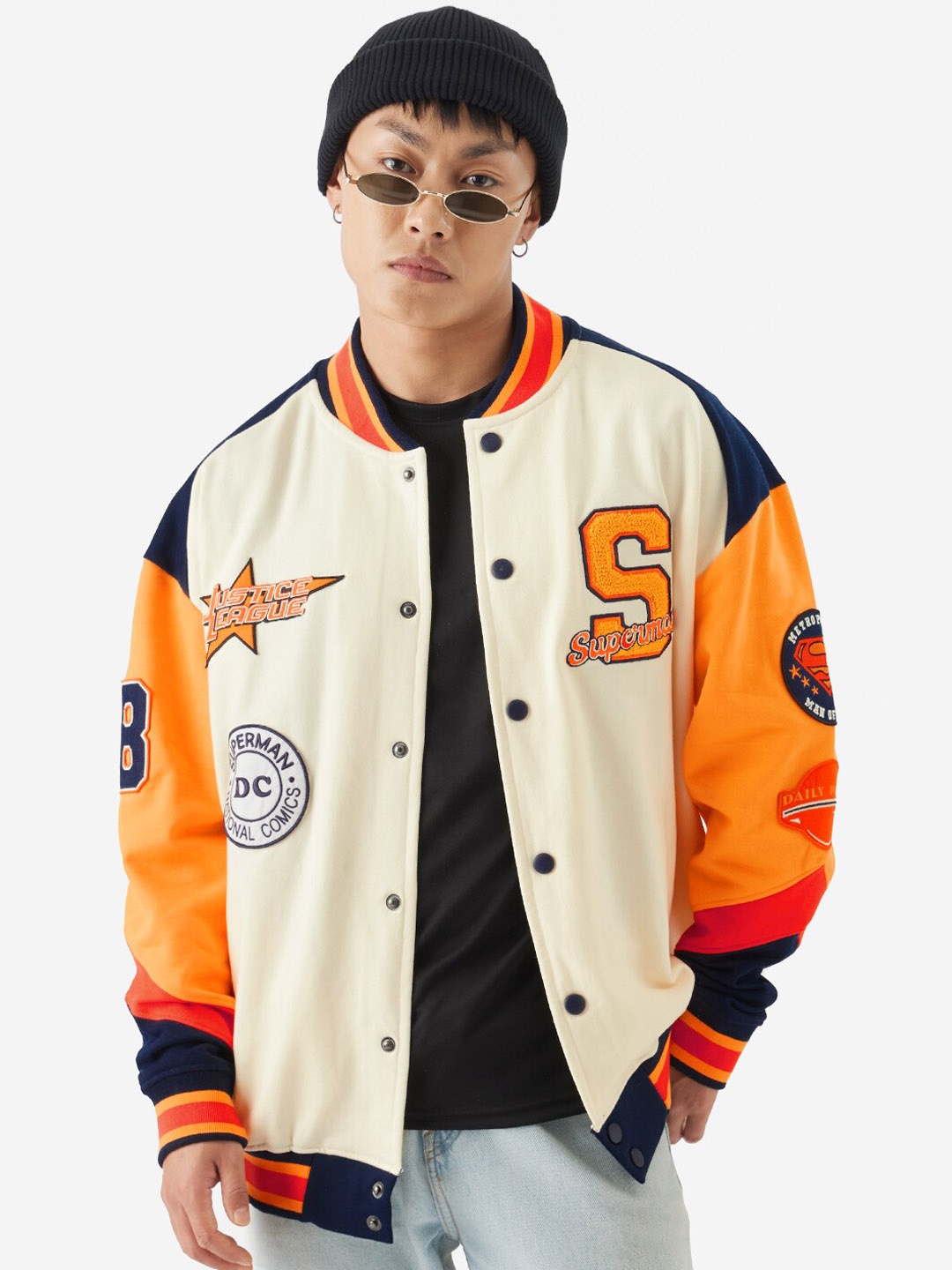 The Souled Store Superman: Man of Steel Printed Lightweight Stand Collar Varsity Jacket, Beige