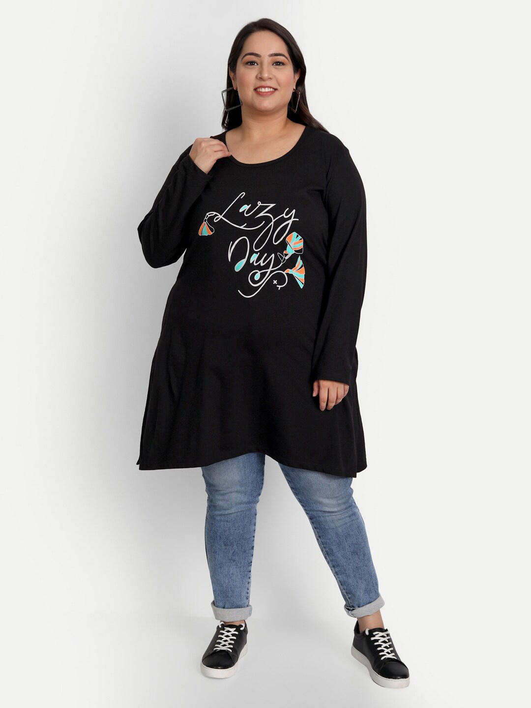 

CUPID Plus Size Typography Printed Cotton Longline Top, Black