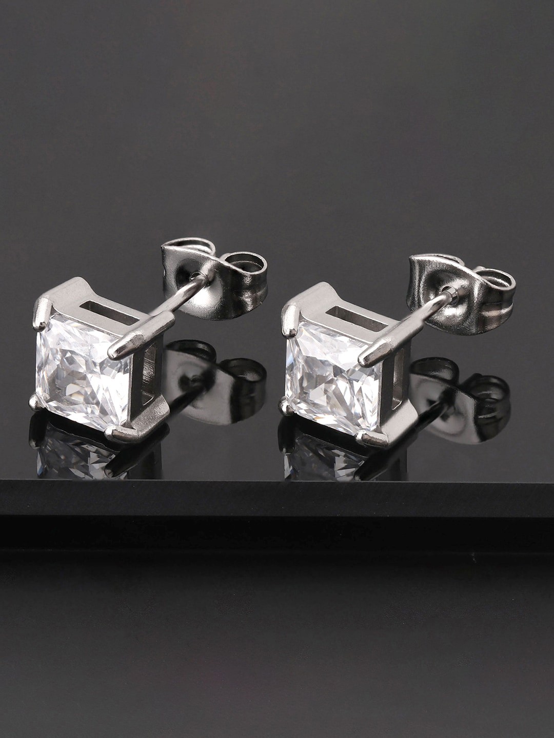 

Peora Men Silver-Plated Cubic Zirconia-Studded Square Shape Stud Earrings, White