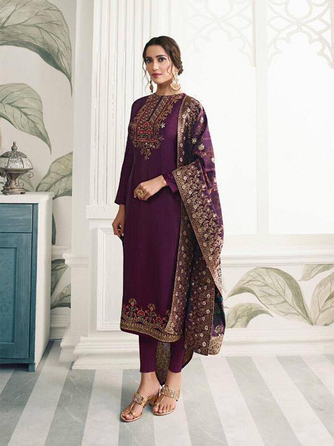 

Chandbaali Embroidered Art Silk Semi-Stitched Dress Material, Purple