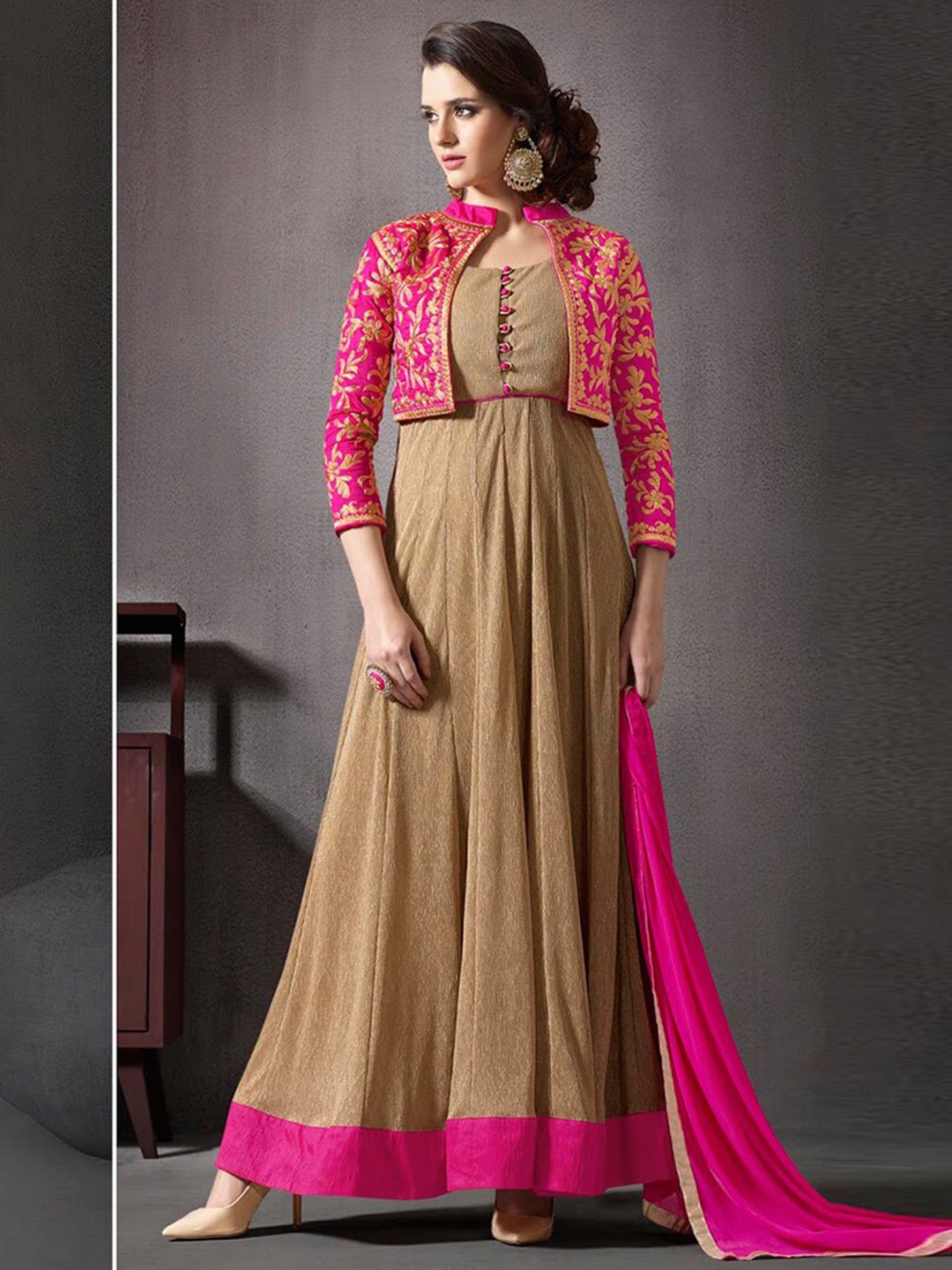 

Chandbaali Embroidered Semi-Stitched Dress Material With Jacket, Beige