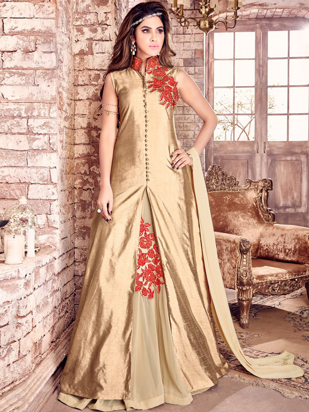 

Chandbaali Embroidered Art Silk Semi-Stitched Dress Material, Beige