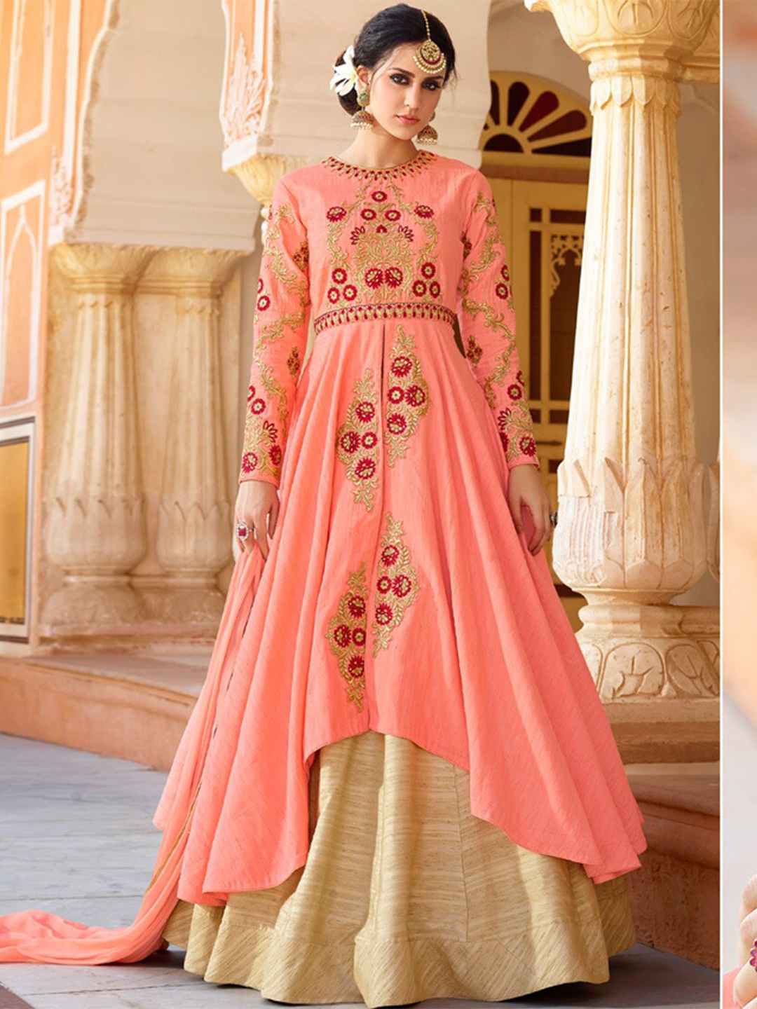 

Chandbaali Floral Embroidered Beads and Stones Semi-Stitched Dress Material, Pink