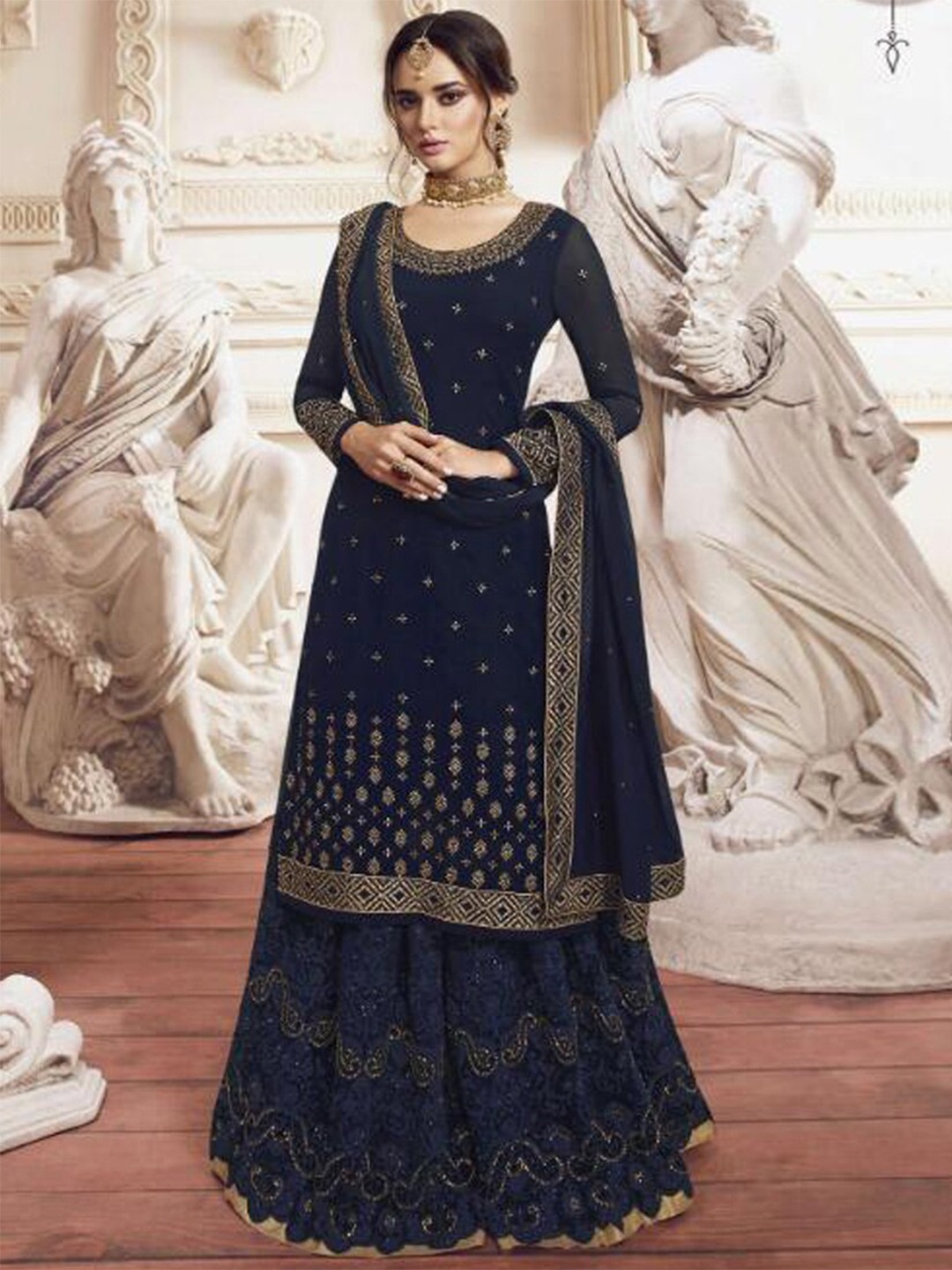 

Chandbaali Floral Embroidered Beads and Stones Semi-Stitched Dress Material, Blue