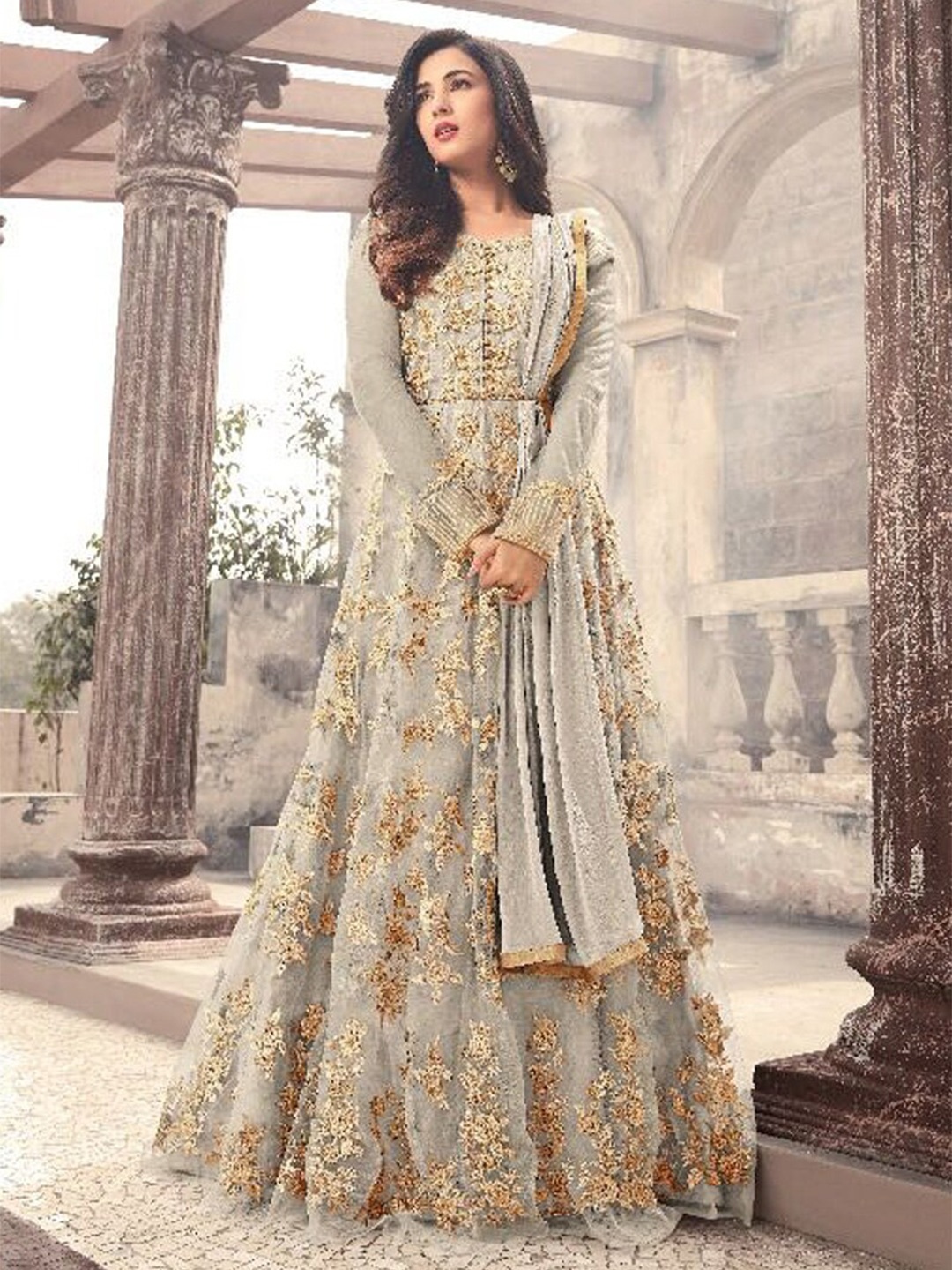 

Chandbaali Embroidered Semi-Stitched Dress Material, Grey