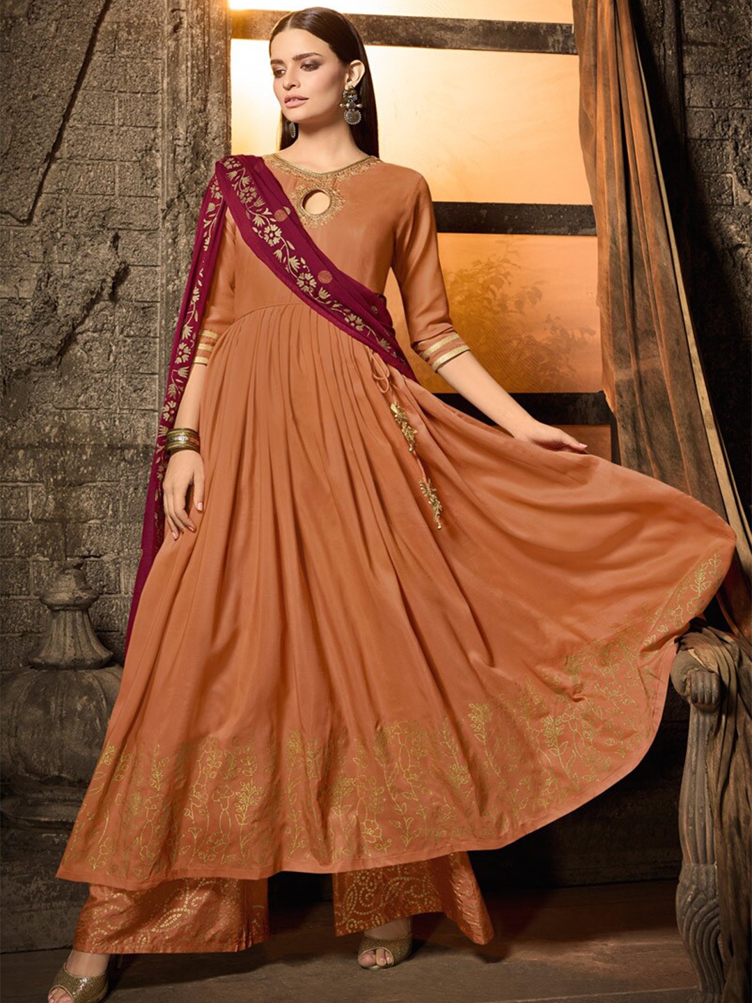 

Chandbaali Embroidered Semi-Stitched Dress Material, Orange