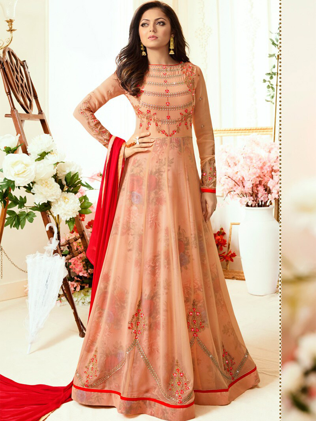 

Chandbaali Embroidered Semi-Stitched Dress Material, Peach