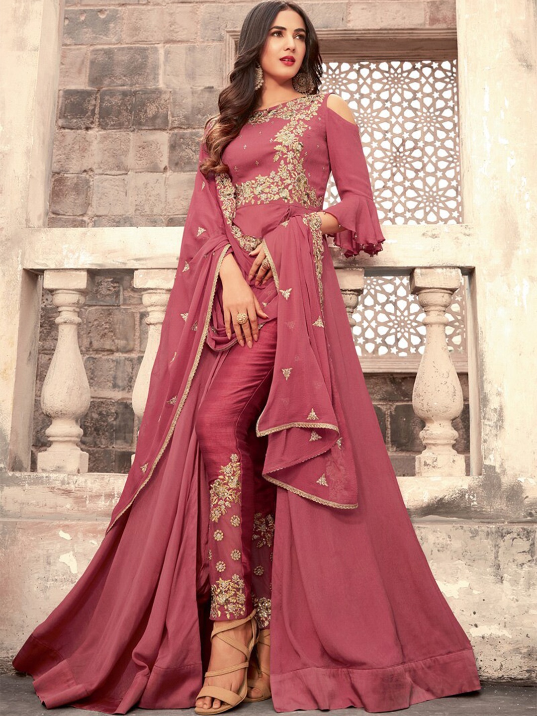 

Chandbaali Floral Embroidered Sequined Semi-Stitched Dress Material, Pink