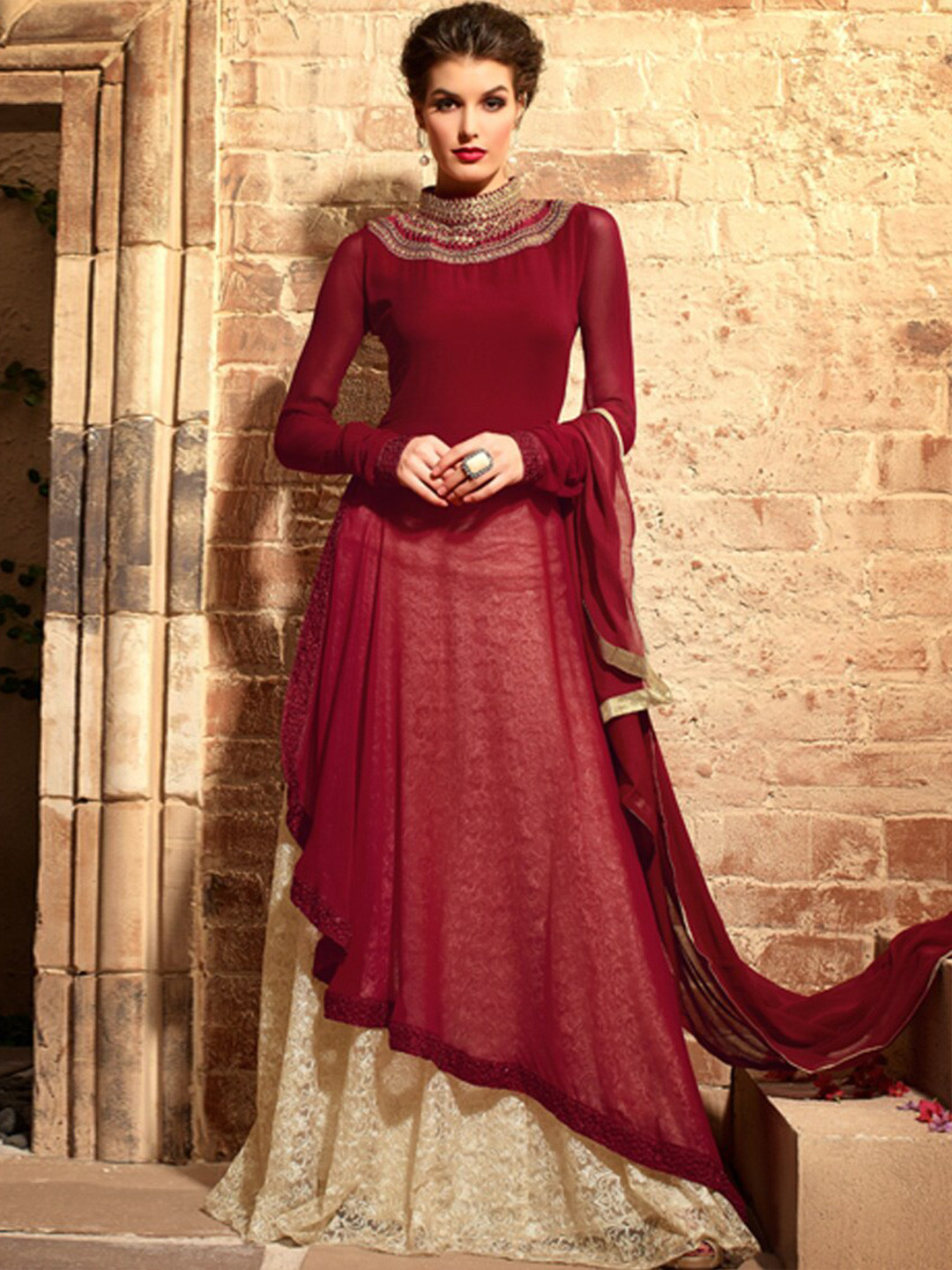 

Chandbaali Embroidered Georgette Semi-Stitched Dress Material, Maroon