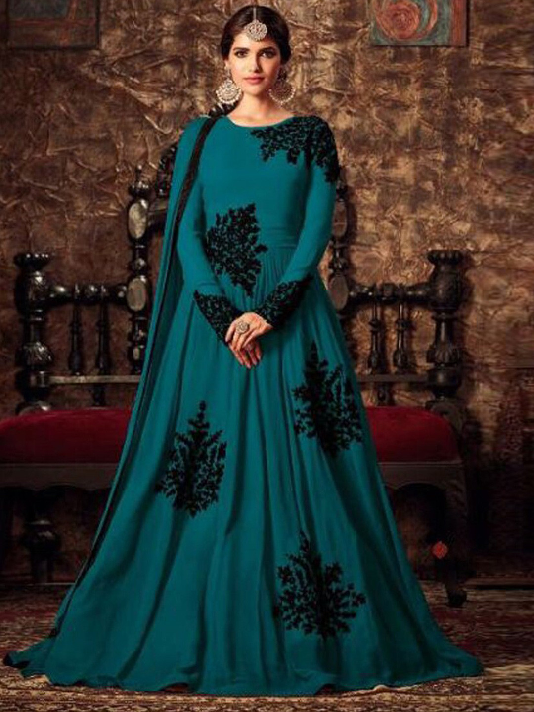 

Chandbaali Embroidered Semi-Stitched Dress Material, Teal