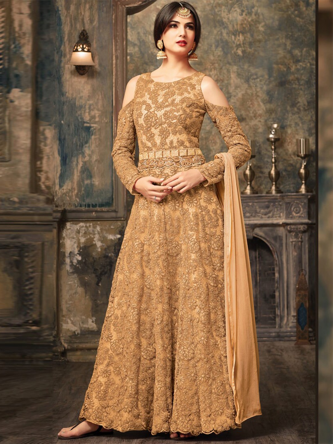 

Chandbaali Embroidered Semi-Stitched Dress Material, Beige