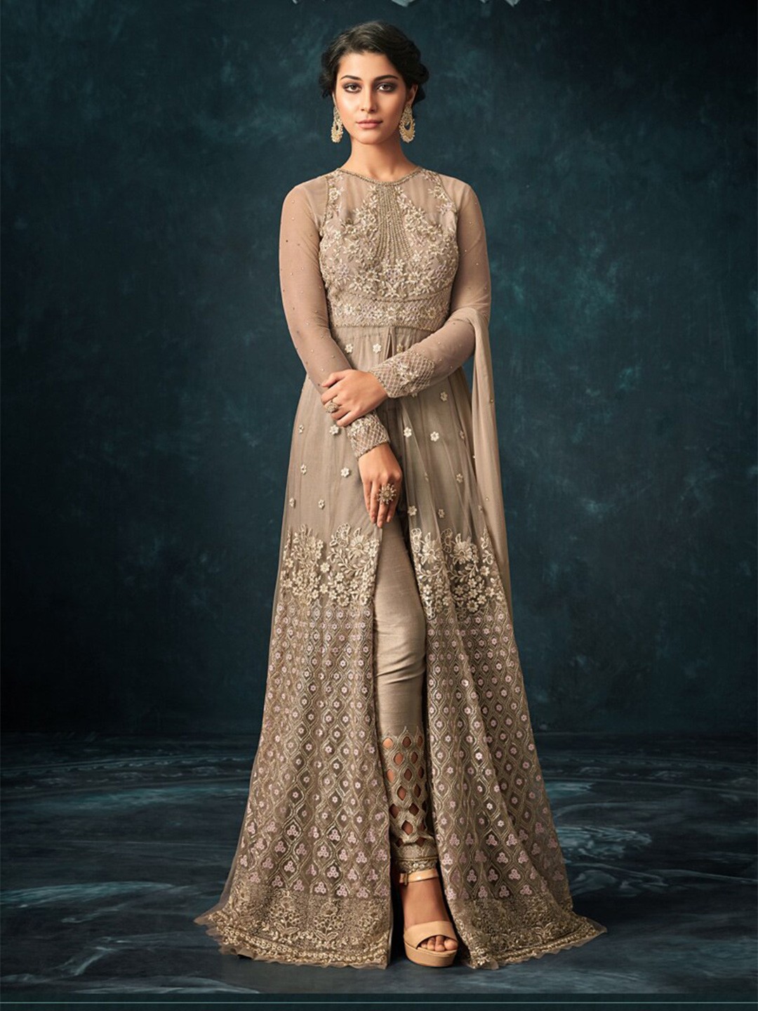 

Chandbaali Embroidered Semi-Stitched Dress Material, Beige