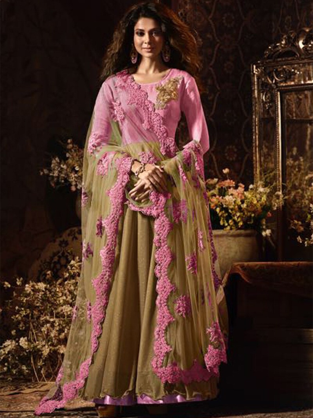 

Chandbaali Embroidered Raw Silk Semi-Stitched Dress Material, Pink