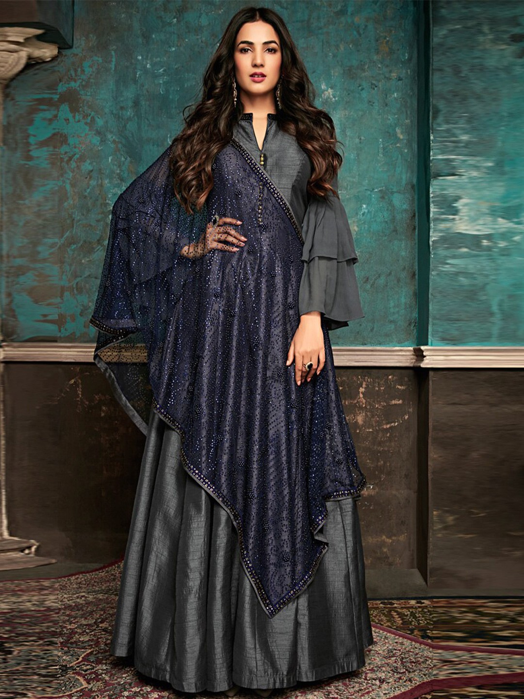 

Chandbaali Embroidered Art Silk Semi-Stitched Dress Material, Grey