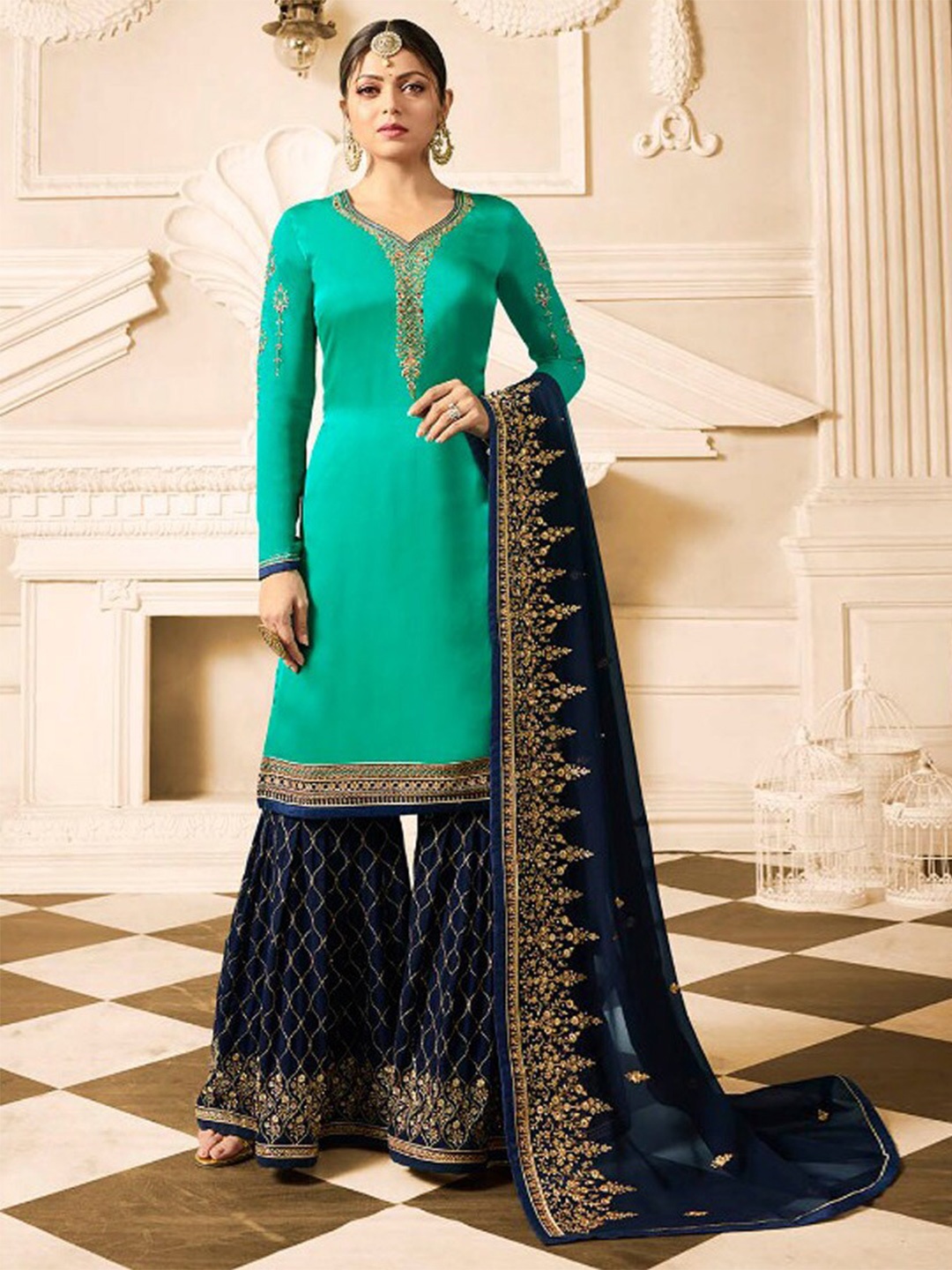 

Chandbaali Embroidered Satin Semi-Stitched Dress Material, Sea green