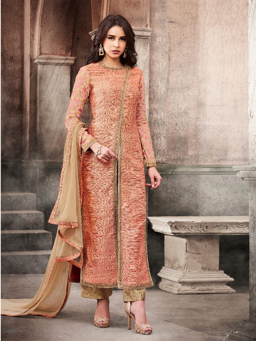 

Chandbaali Embroidered Art Silk Semi-Stitched Dress Material, Peach