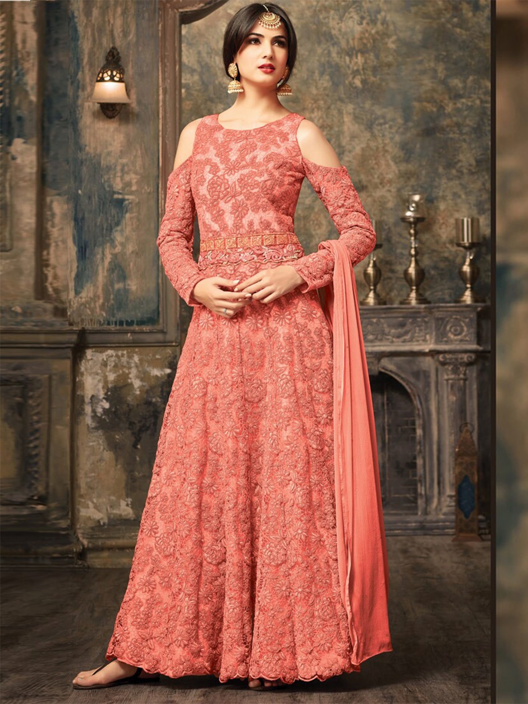 

Chandbaali Embroidered Semi-Stitched Dress Material, Peach