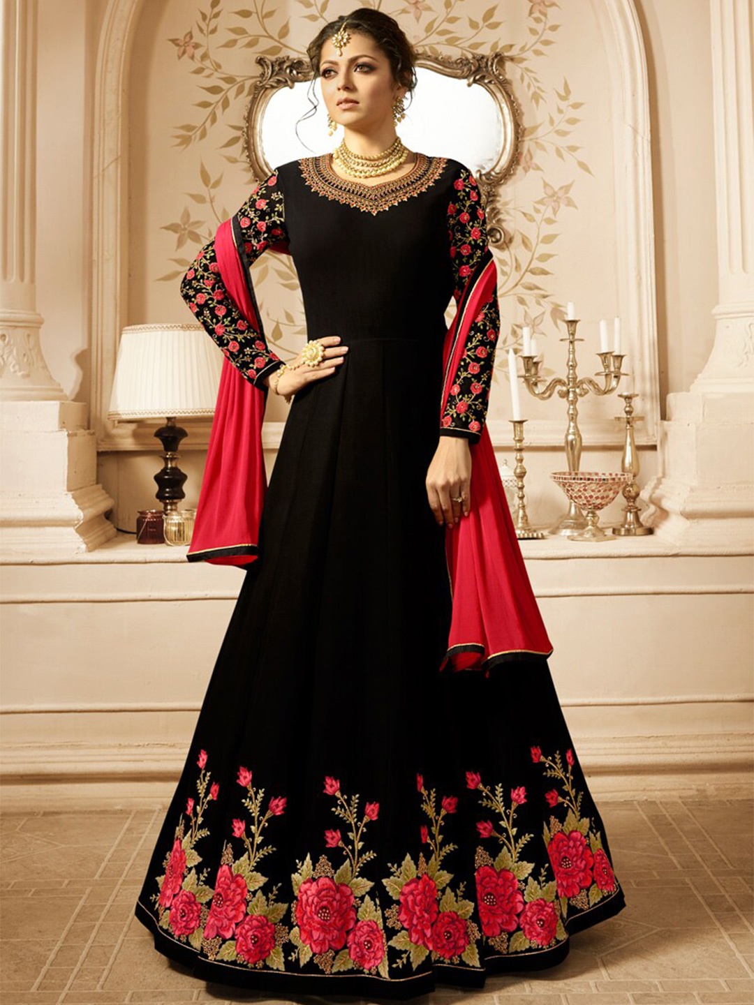 

Chandbaali Floral Embroidered Georgette Semi-Stitched Dress Material, Black