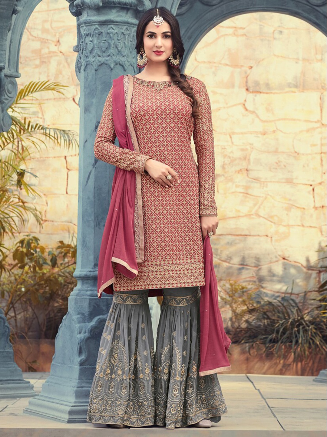 

Chandbaali Ethnic Motifs Embroidered Semi-Stitched Dress Material, Beige