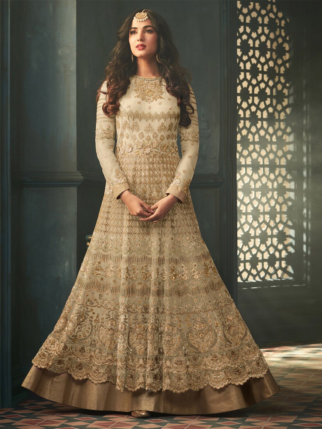 

Chandbaali Embroidered Semi-Stitched Dress Material, Beige