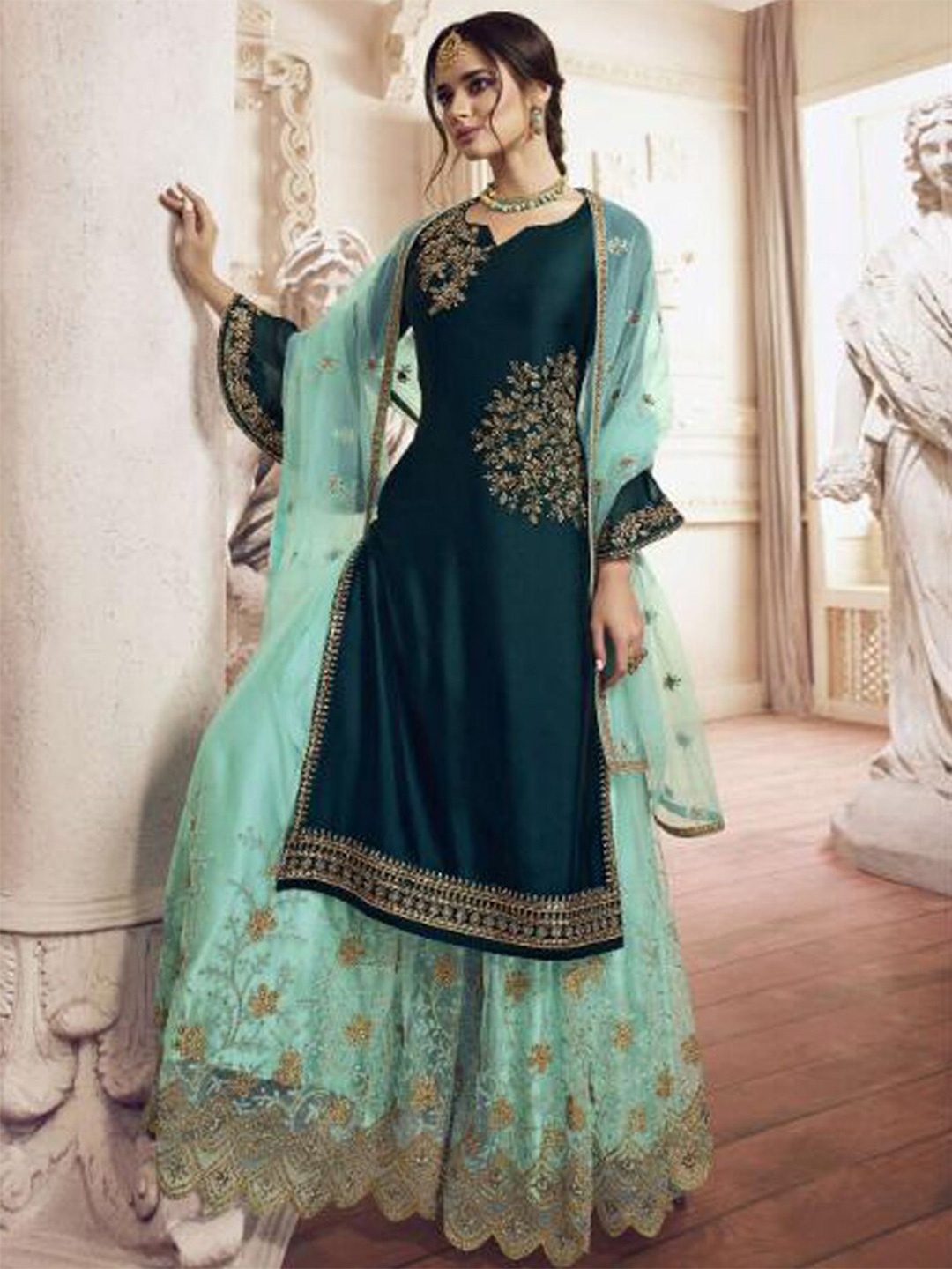 

Chandbaali Embroidered Semi-Stitched Dress Material, Teal